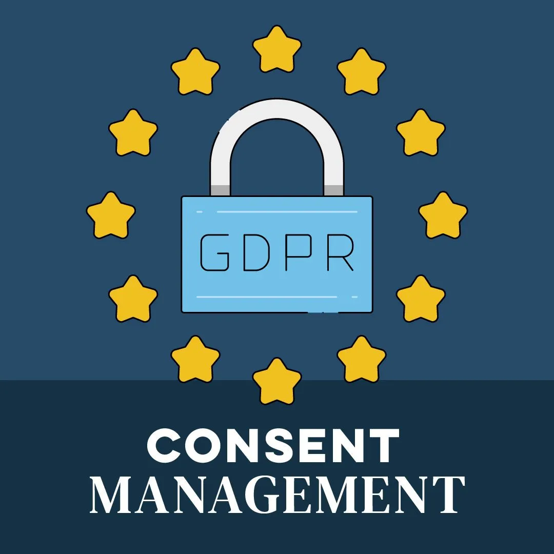 Consent management illustration: a GDPR padlock ringed by EU stars