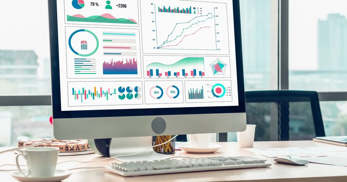 A computer monitor showing a business analytics dashboard with charts on an office desk