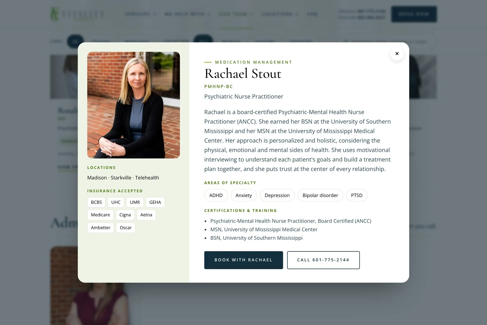 A clinician profile on the Vitality team page showing her bio