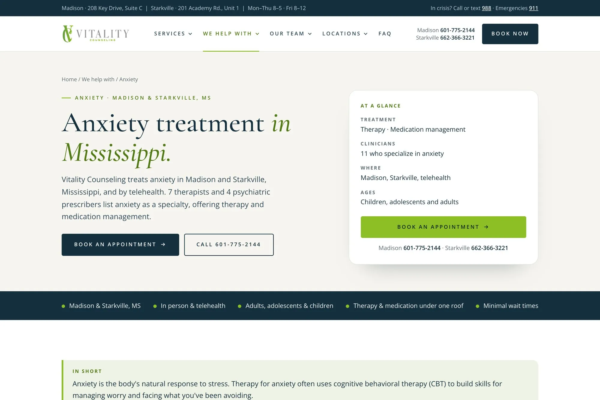 The anxiety treatment page with an at-a-glance panel listing treatments