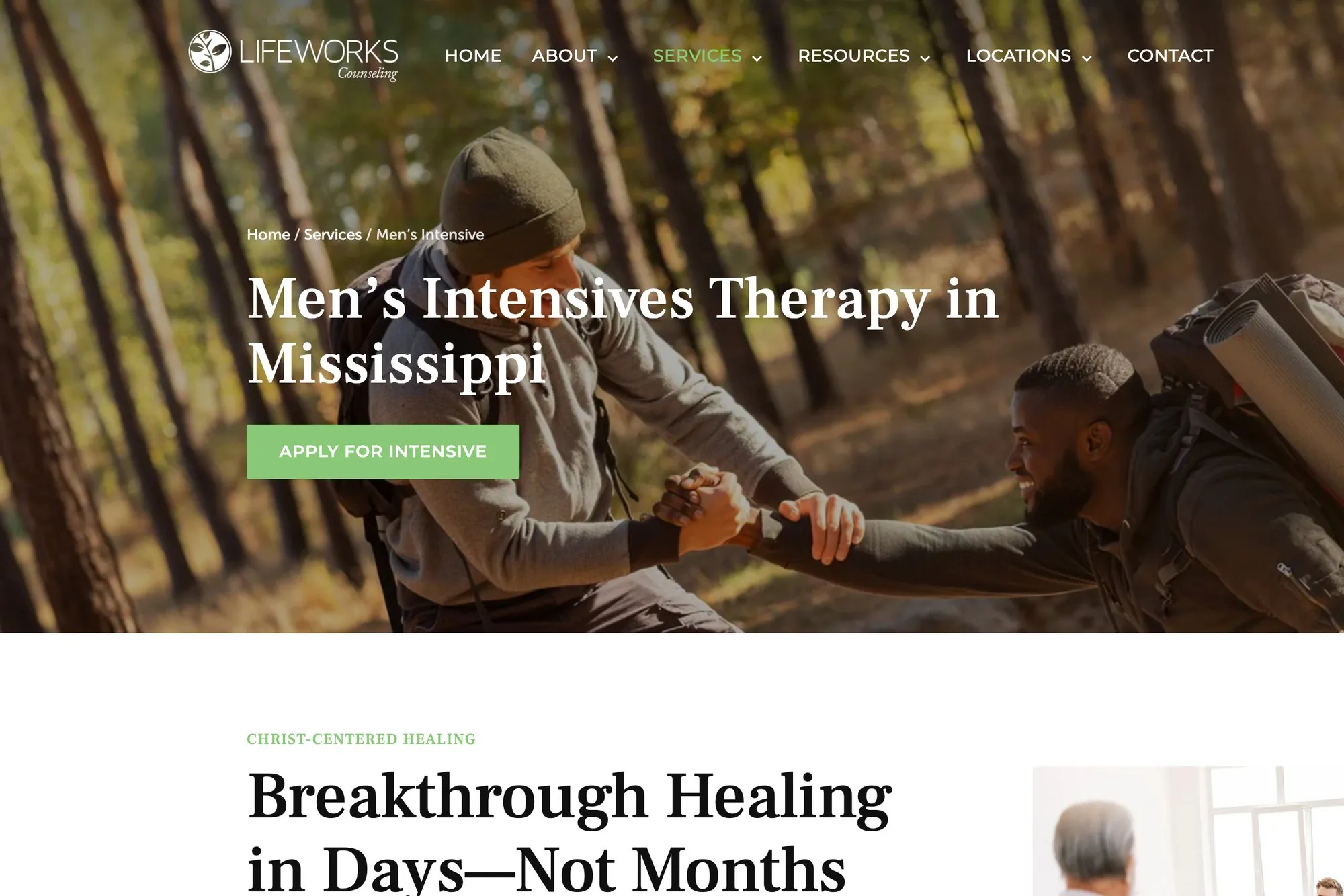 The Men's Intensive specialty page on the rebuilt Lifeworks site