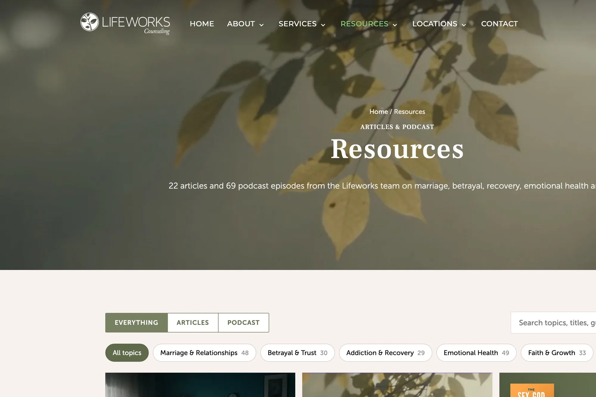 The Resources hub mixing articles and podcast episodes on one filterable timeline