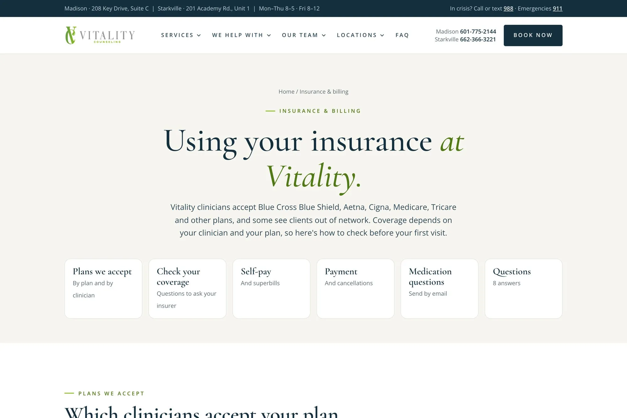 The Insurance and Billing page naming the plans Vitality clinicians accept