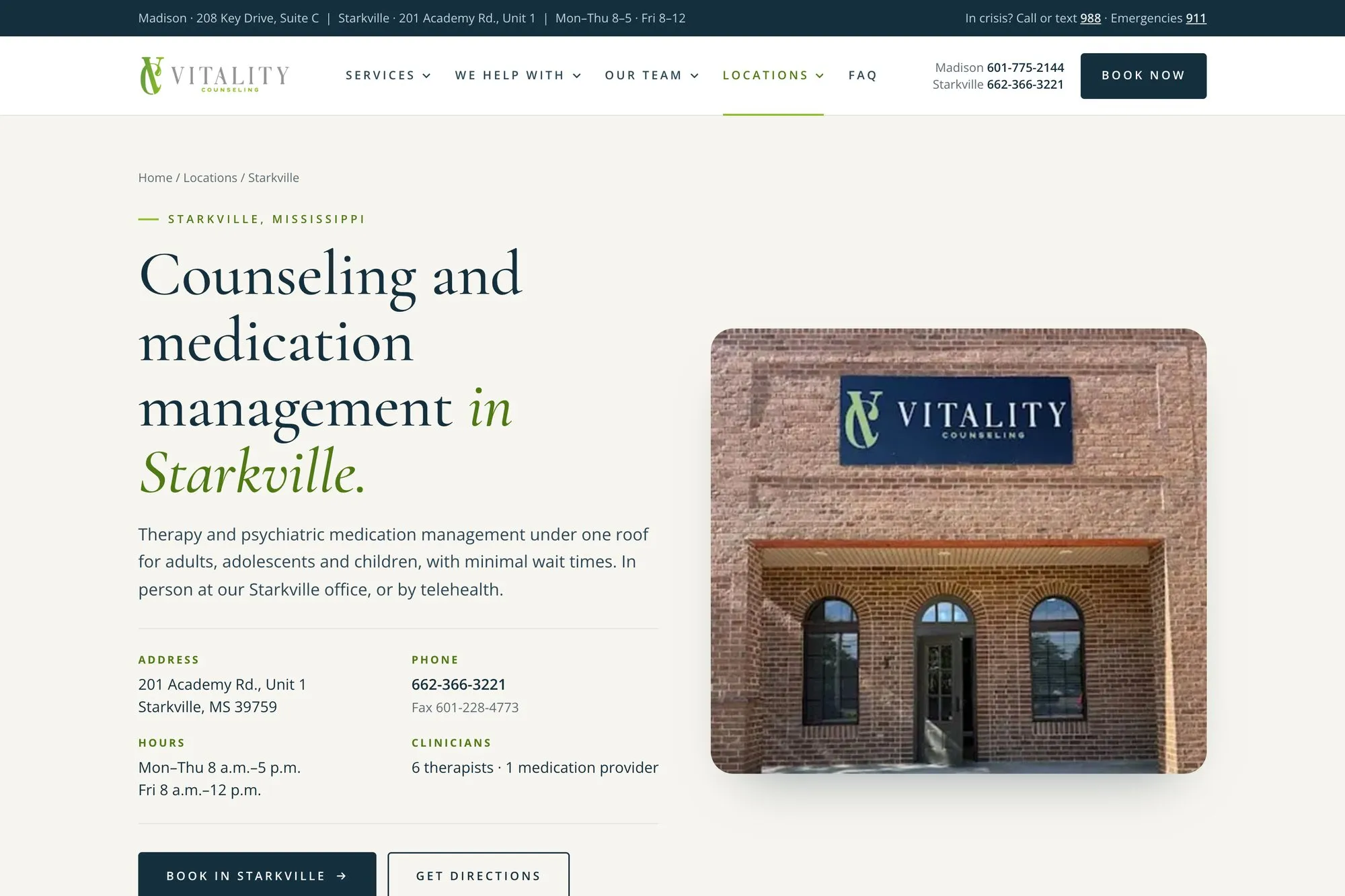 The Starkville location page with the office address