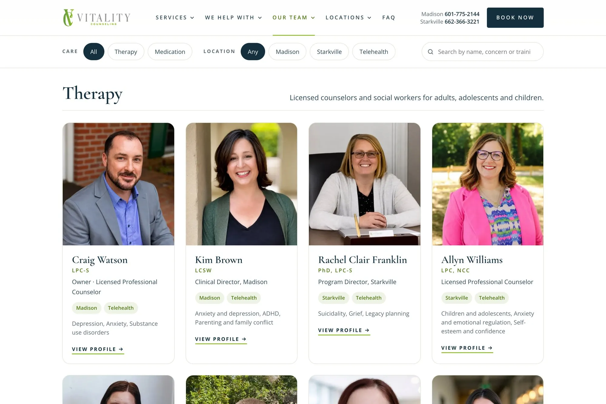The Vitality team directory with filters for type of care and location and a search by name or concern