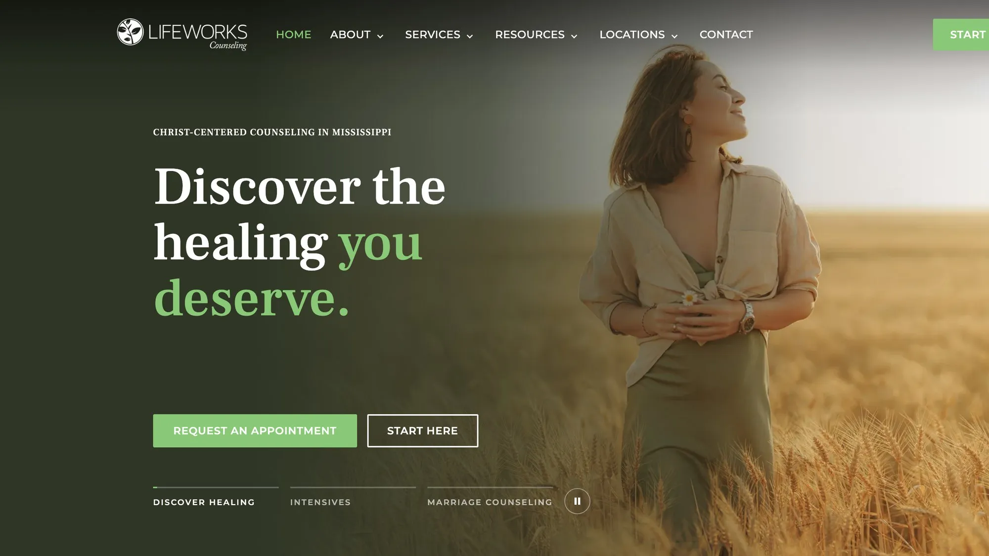 The rebuilt Lifeworks Counseling homepage, with a woman walking through a wheat field at sunset