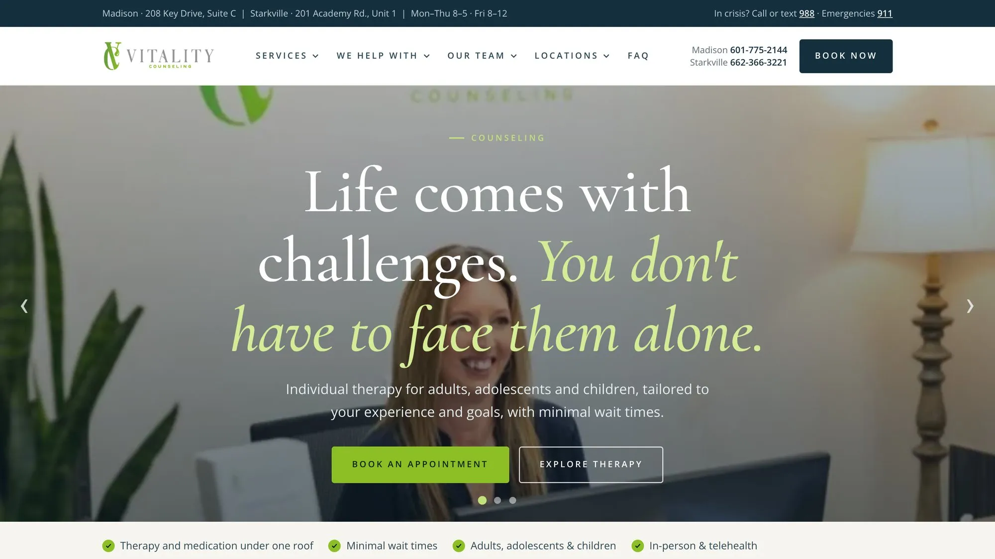 The rebuilt Vitality Counseling homepage, with the front desk of the Madison office behind the headline
